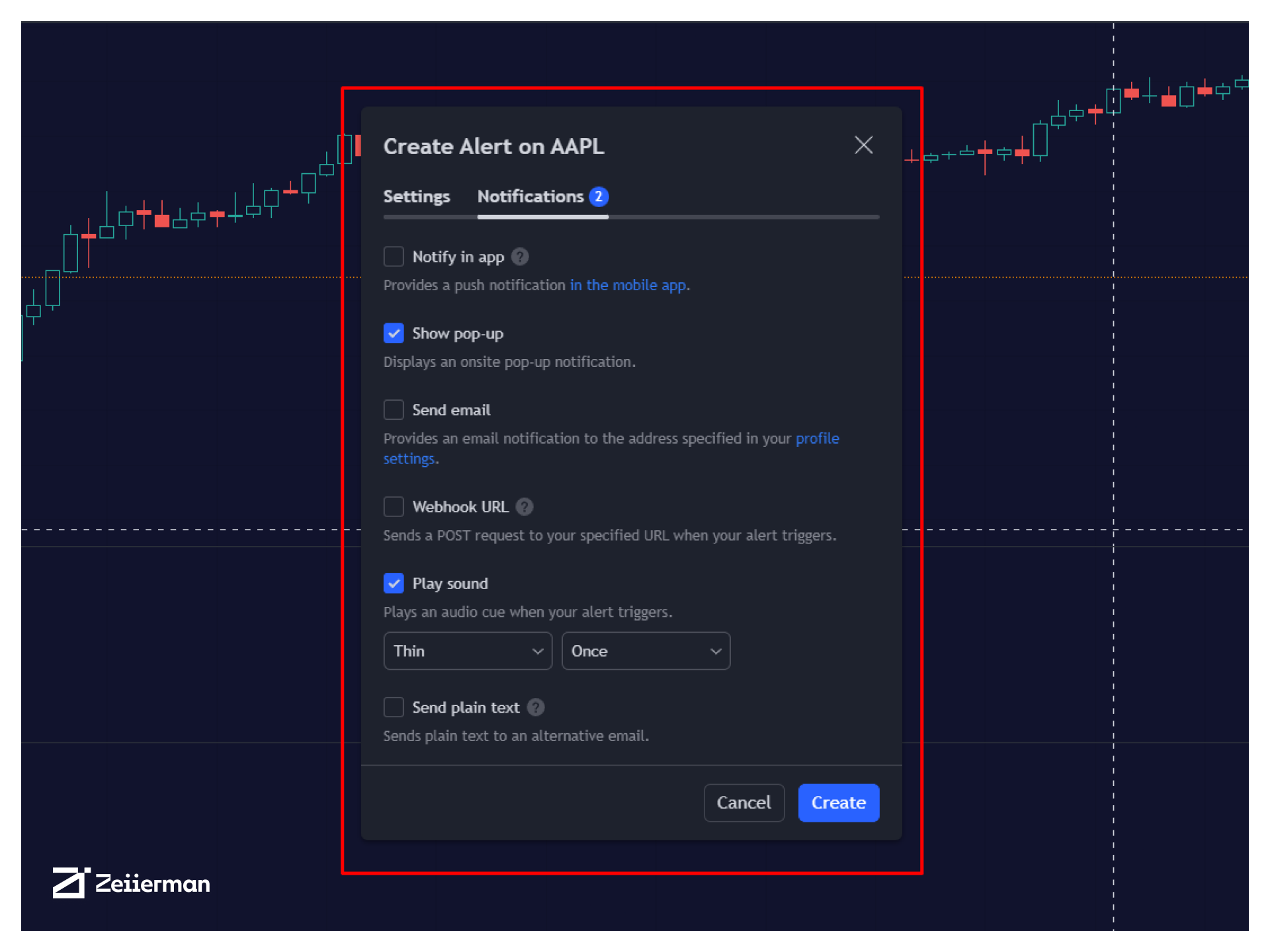 notification settings panel for TradingView alerts